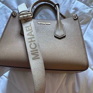 Michael Kors Taupe Saffiano Leather Satchel with Branded Canvas Strap